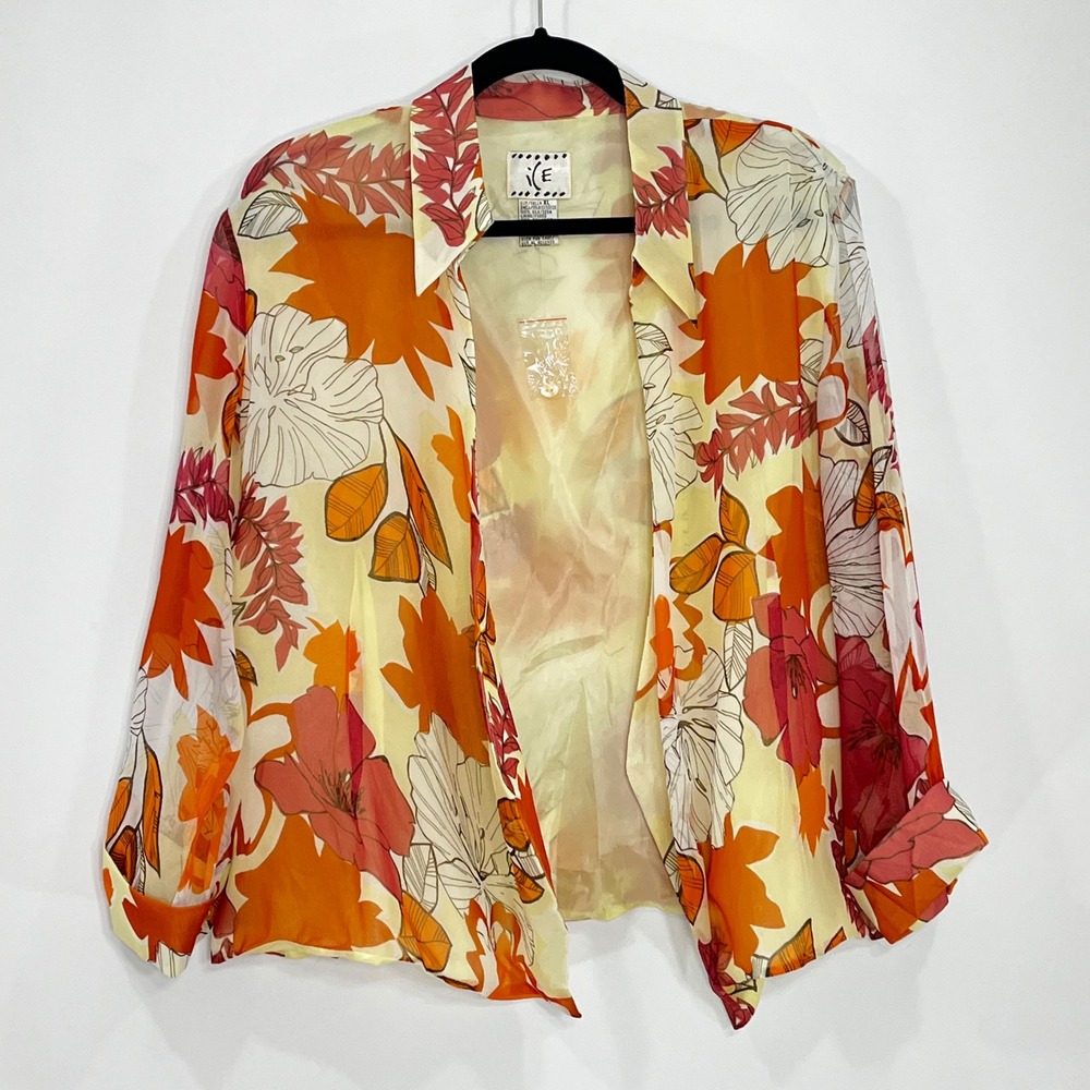 ICE Silk Floral Leaf Print Open Front Blouse Orange Red Yellow XL 5070011374
